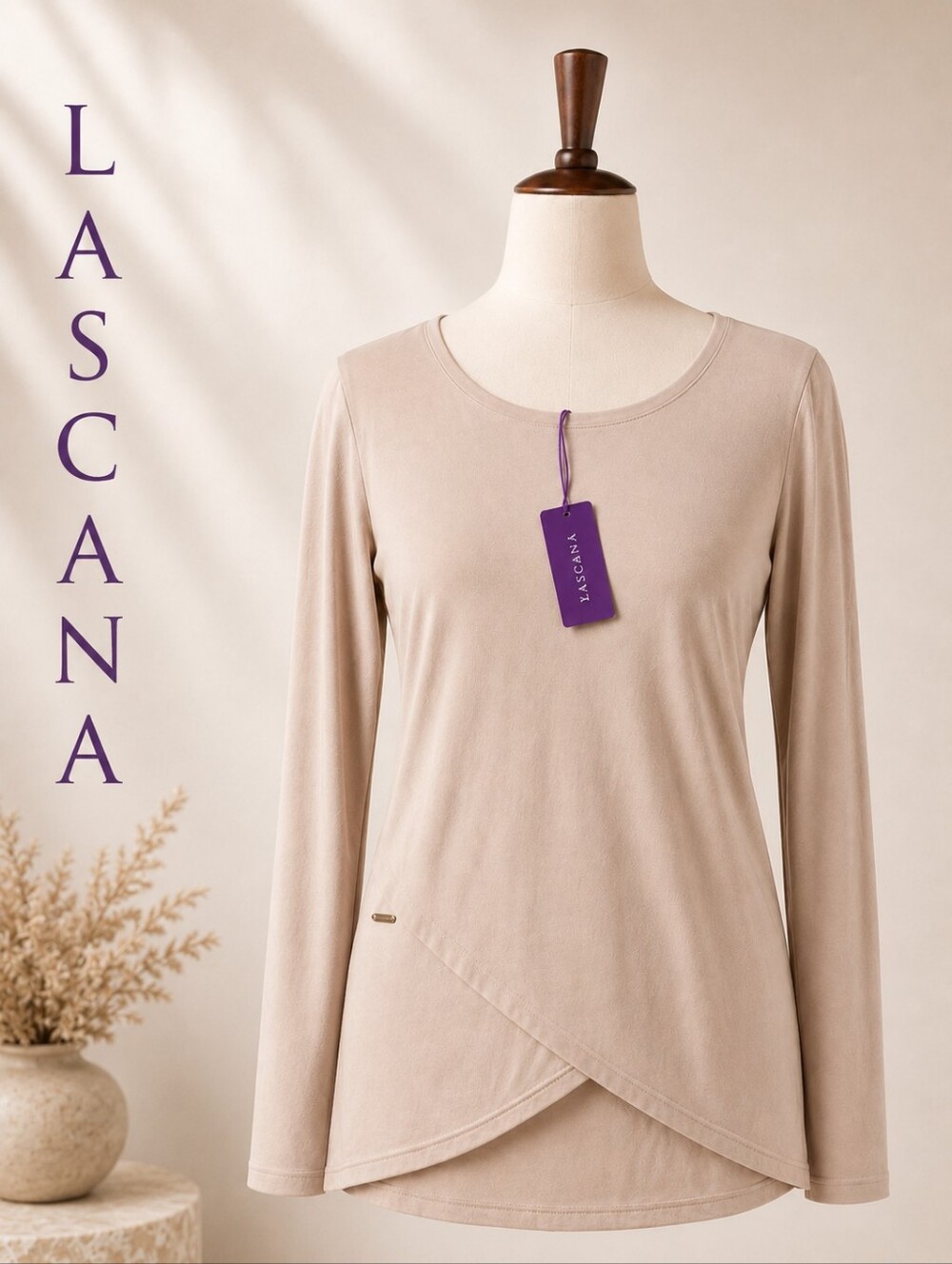 LASCANA Blush Beige Long Sleeve Asymmetrical Wrap-Hem Top – NWT Size 8/10